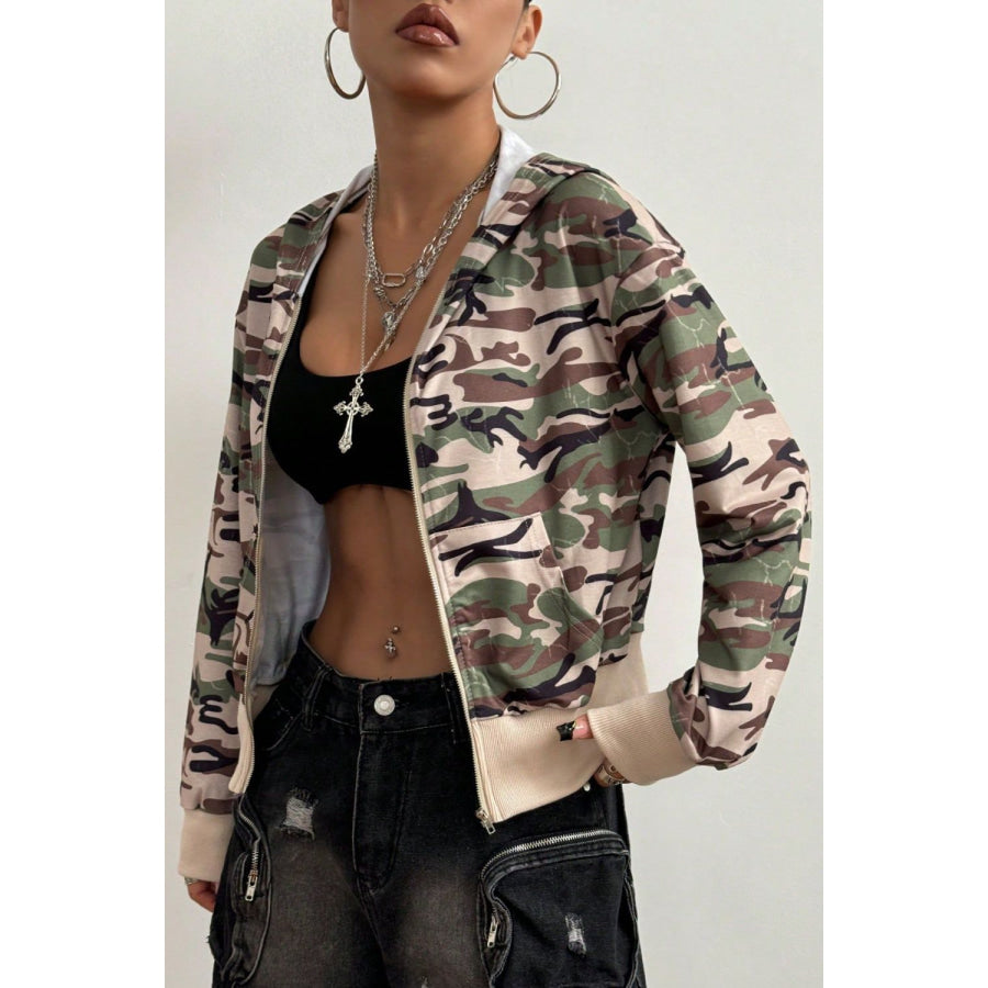Pocketed Camouflage Zip Up Hooded Jacket Green Camouflage / S Apparel and Accessories