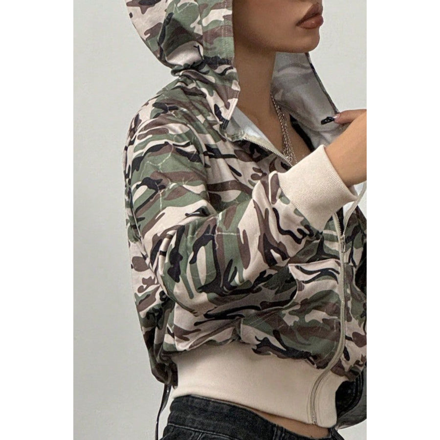 Pocketed Camouflage Zip Up Hooded Jacket Apparel and Accessories