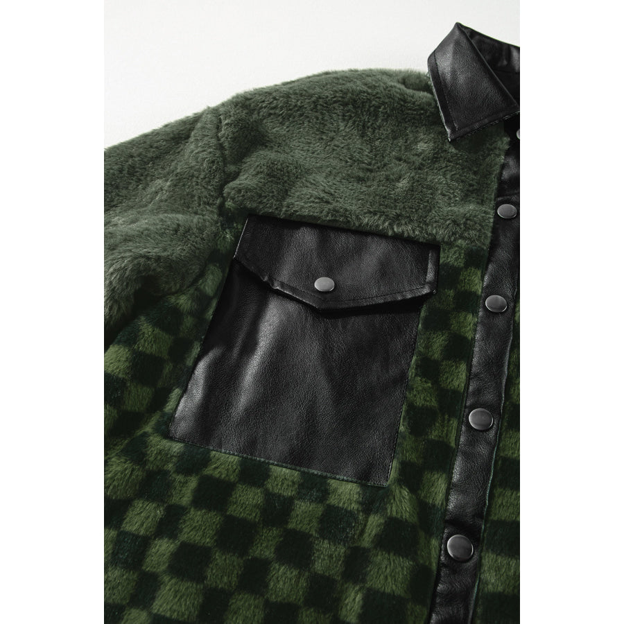 Pocketed Checkered Collared Neck Snap Down Jacket Apparel and Accessories