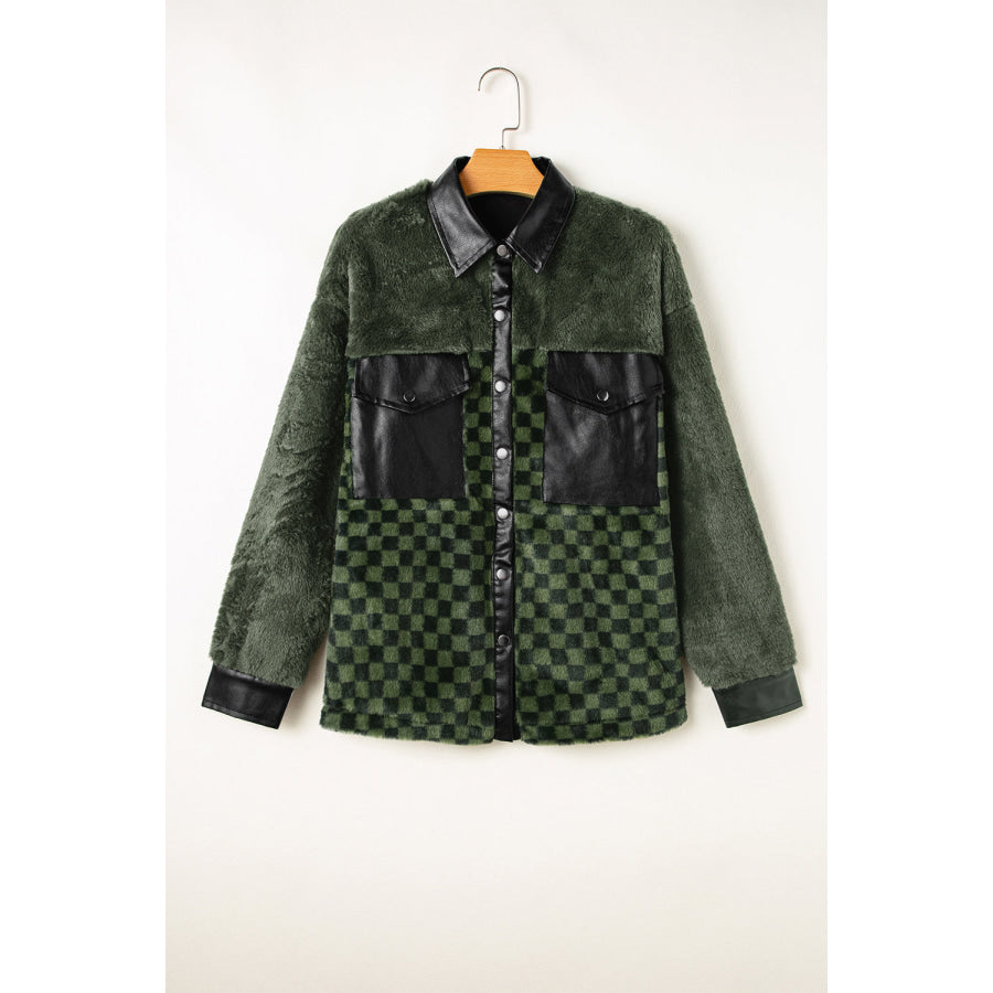 Pocketed Checkered Collared Neck Snap Down Jacket Apparel and Accessories