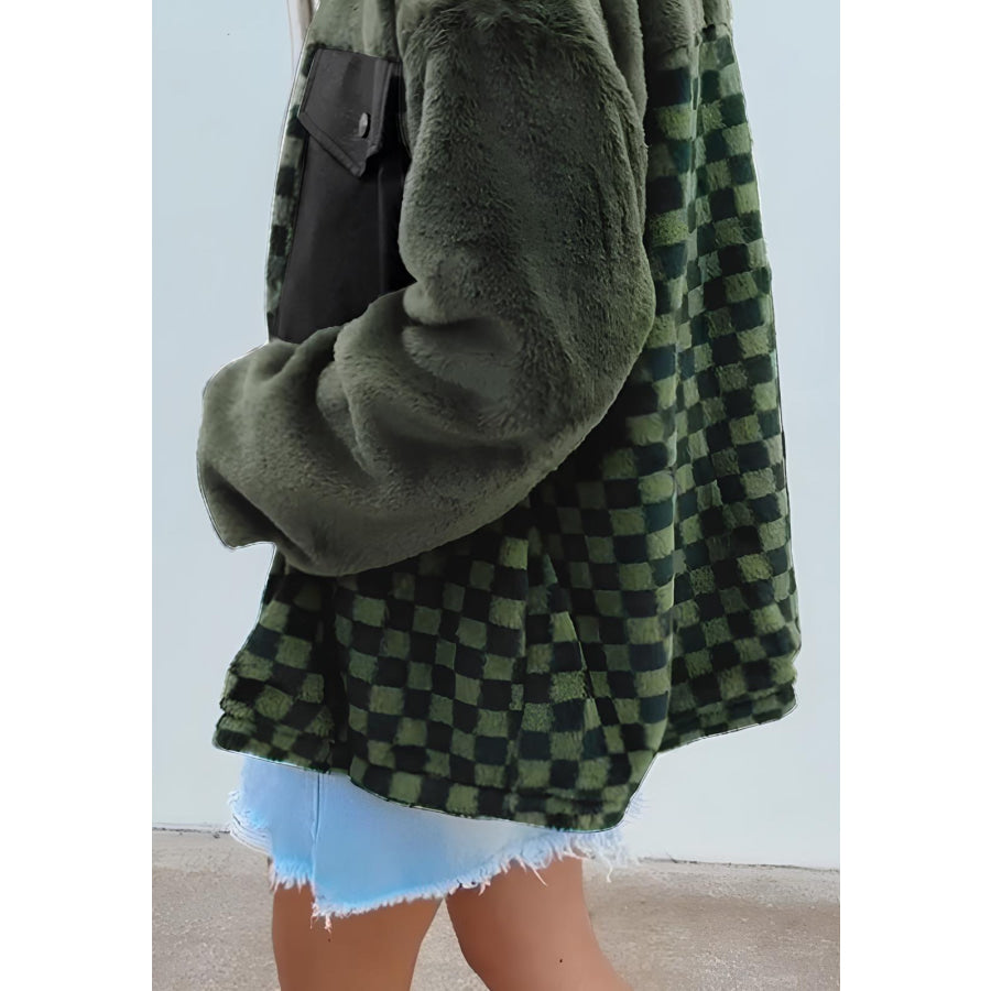 Pocketed Checkered Collared Neck Snap Down Jacket Dark Green / S Apparel and Accessories