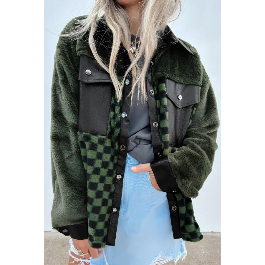 Pocketed Checkered Collared Neck Snap Down Jacket Dark Green / S Apparel and Accessories