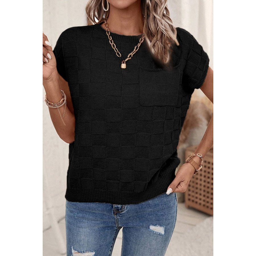 Pocketed Checkered Round Neck Knit Top Apparel and Accessories