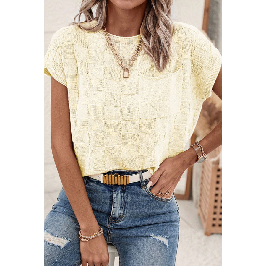 Pocketed Checkered Round Neck Knit Top Apparel and Accessories