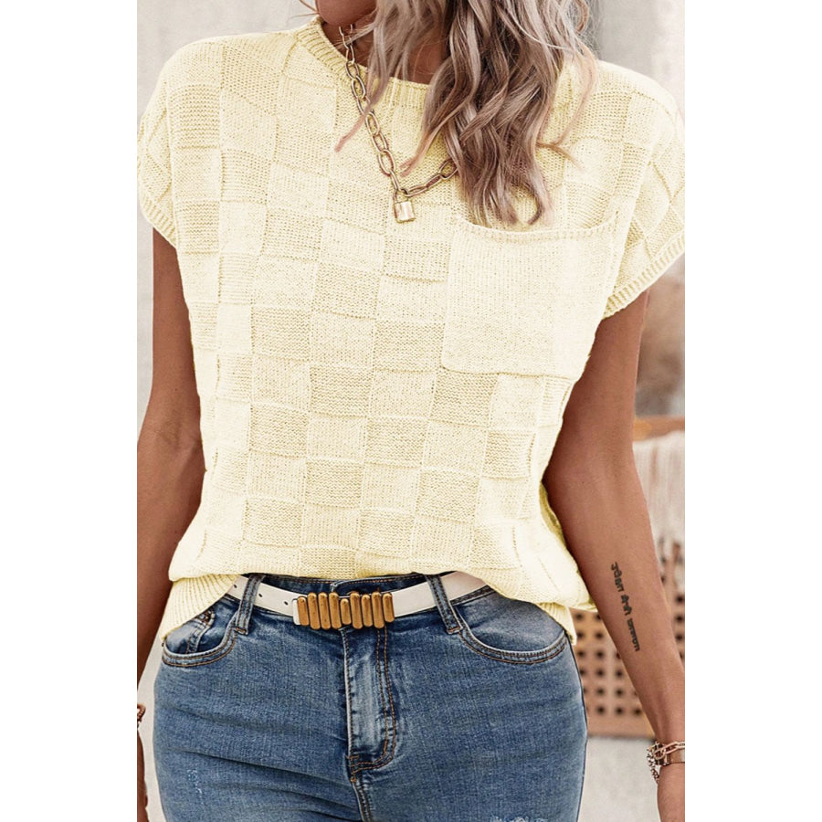 Pocketed Checkered Round Neck Knit Top Apparel and Accessories