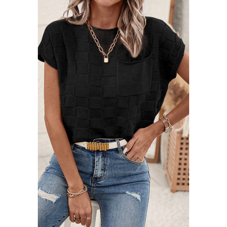 Pocketed Checkered Round Neck Knit Top Apparel and Accessories