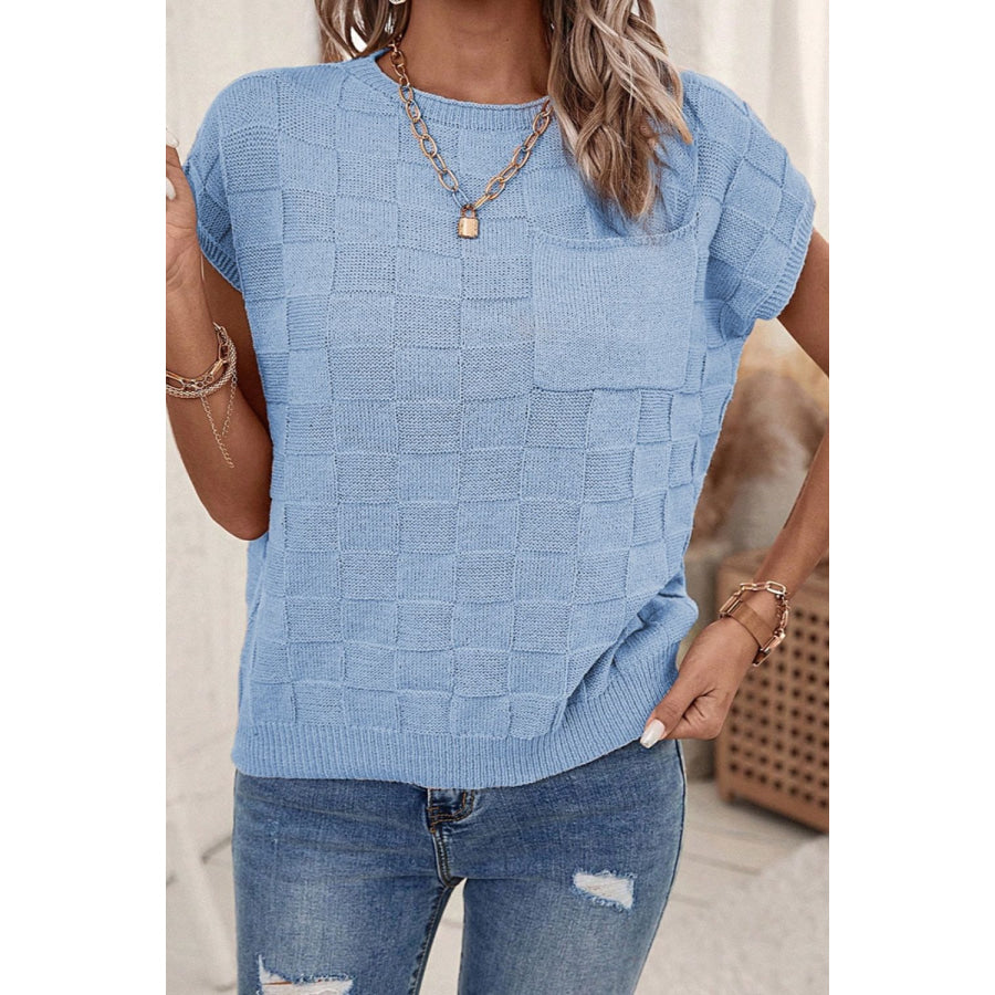 Pocketed Checkered Round Neck Knit Top Apparel and Accessories
