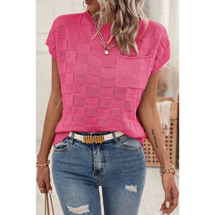 Pocketed Checkered Round Neck Knit Top Fuchsia Pink / S Apparel and Accessories