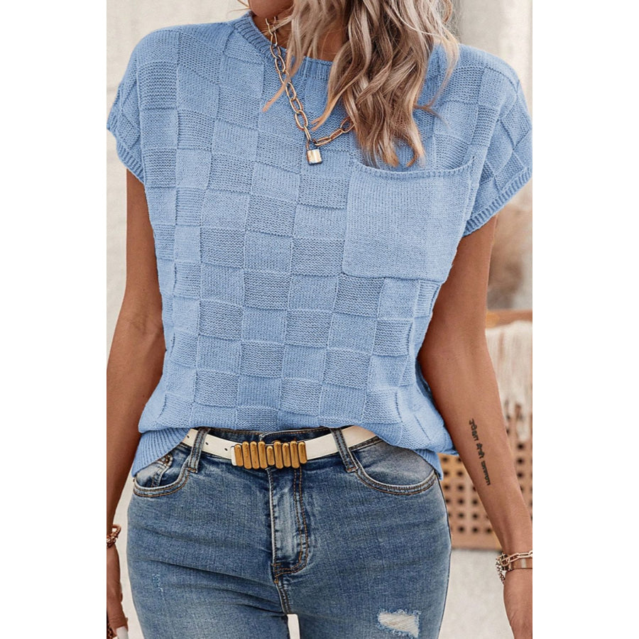 Pocketed Checkered Round Neck Knit Top Apparel and Accessories