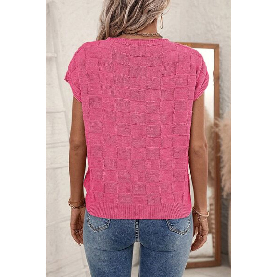 Pocketed Checkered Round Neck Knit Top Apparel and Accessories