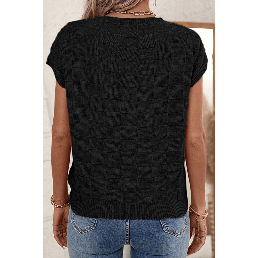 Pocketed Checkered Round Neck Knit Top Apparel and Accessories