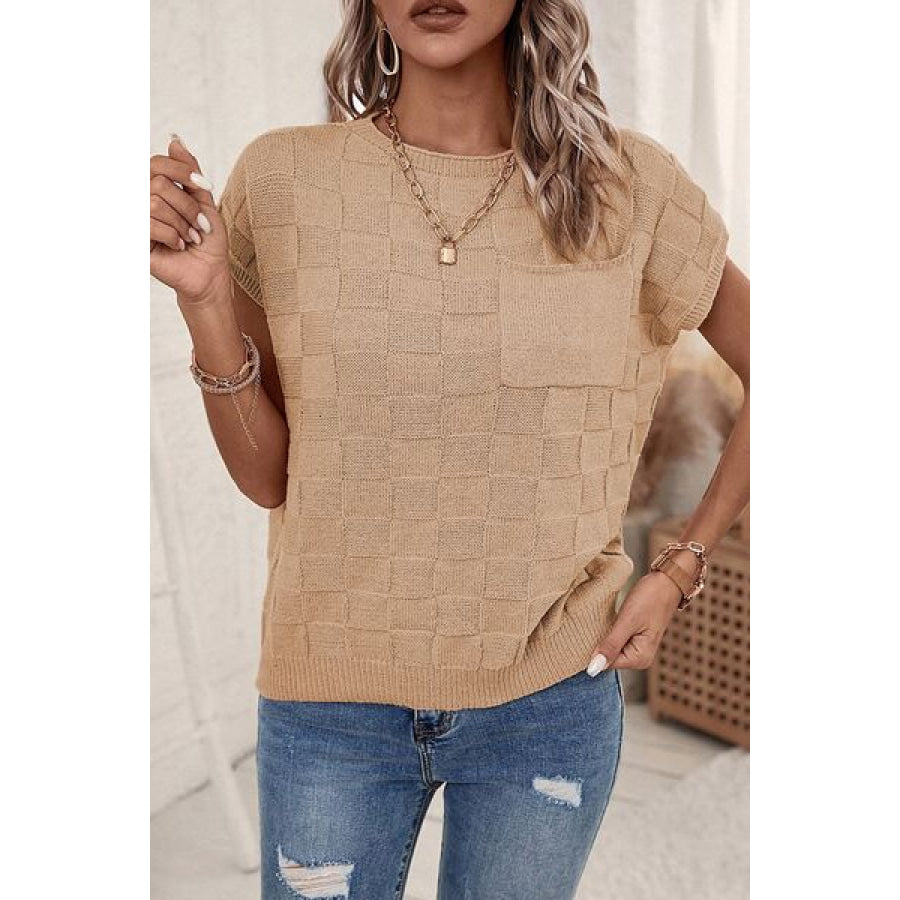 Pocketed Checkered Round Neck Knit Top Apparel and Accessories