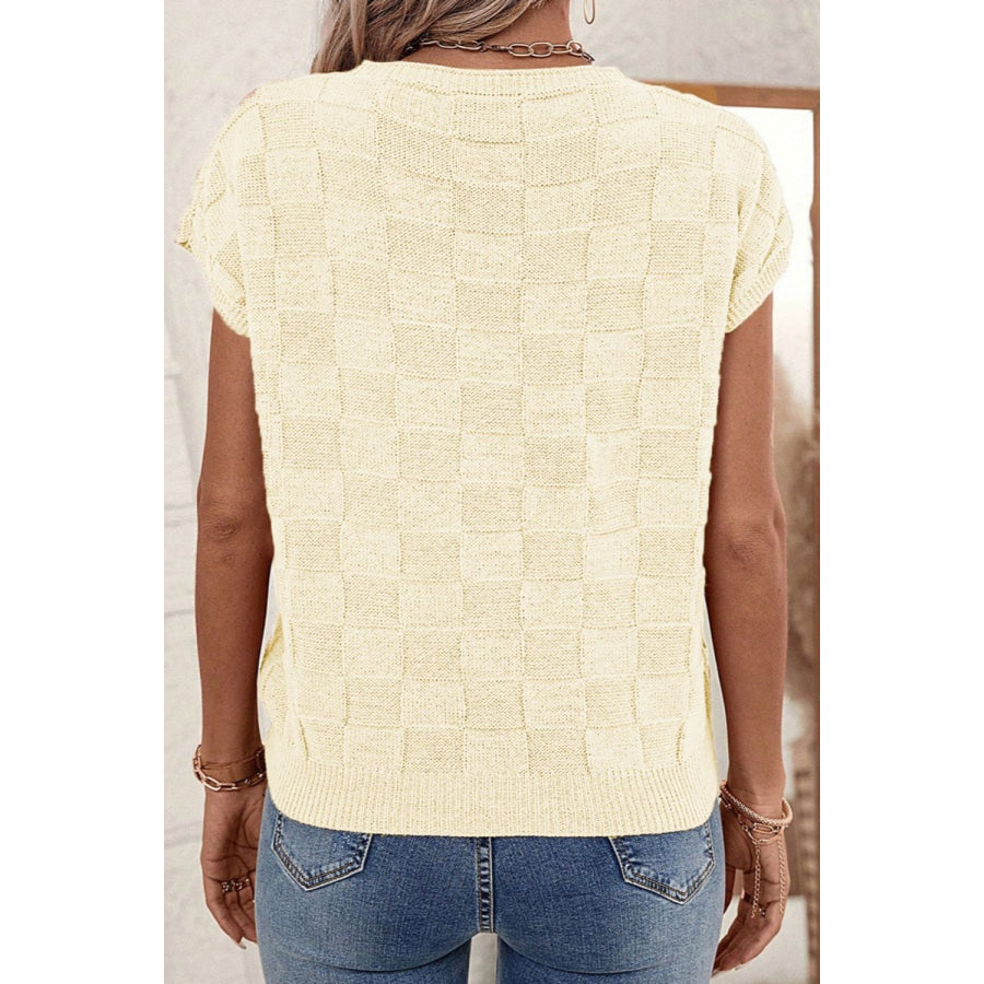 Pocketed Checkered Round Neck Knit Top Apparel and Accessories