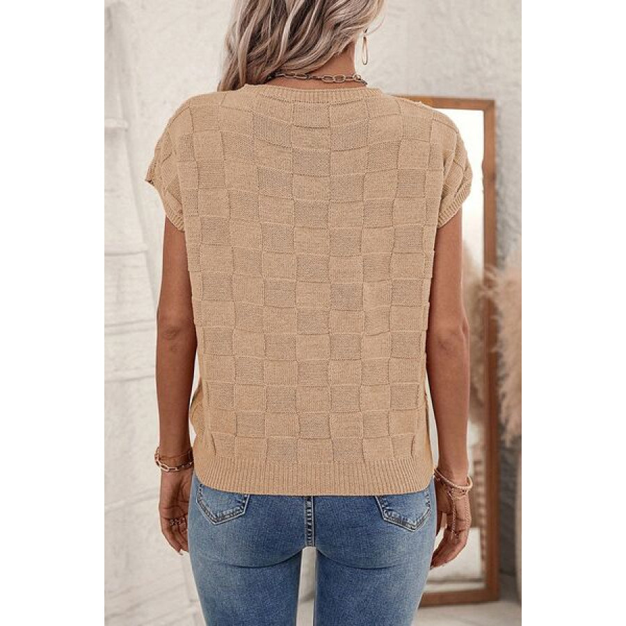 Pocketed Checkered Round Neck Knit Top Apparel and Accessories