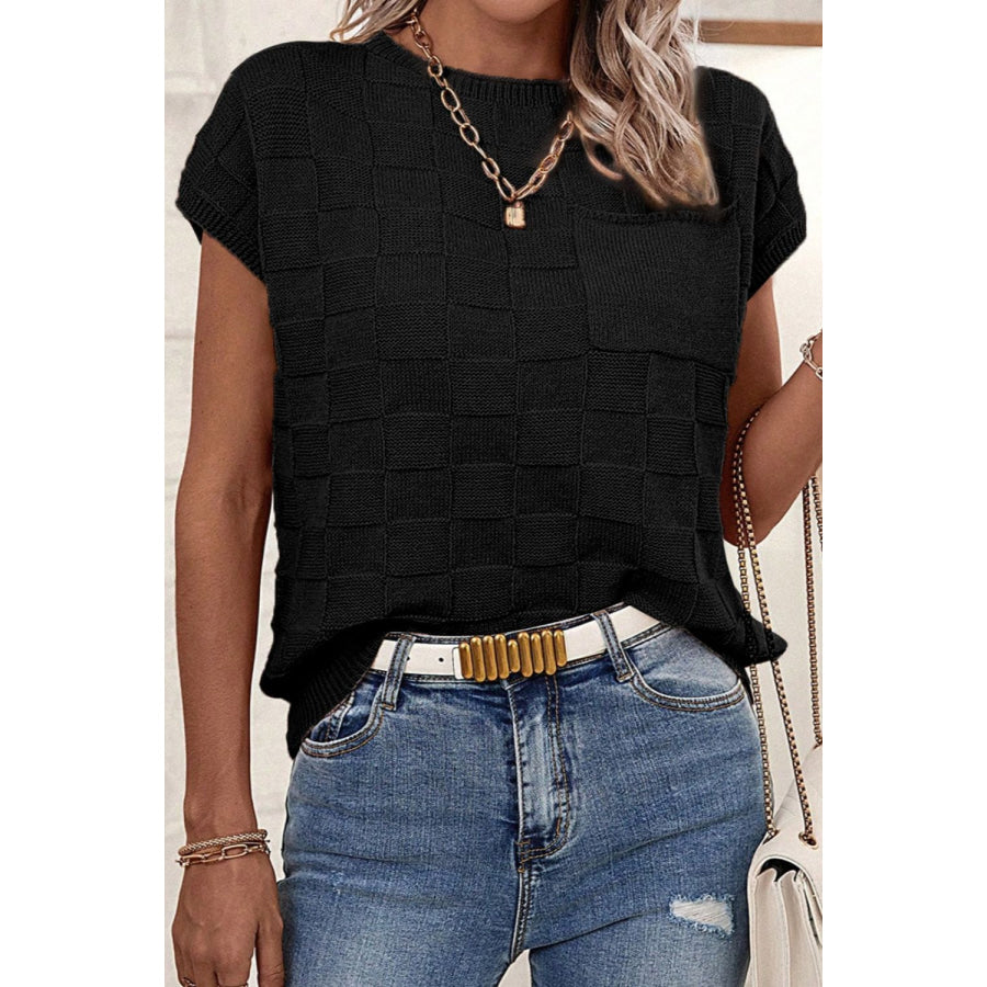 Pocketed Checkered Round Neck Knit Top Apparel and Accessories