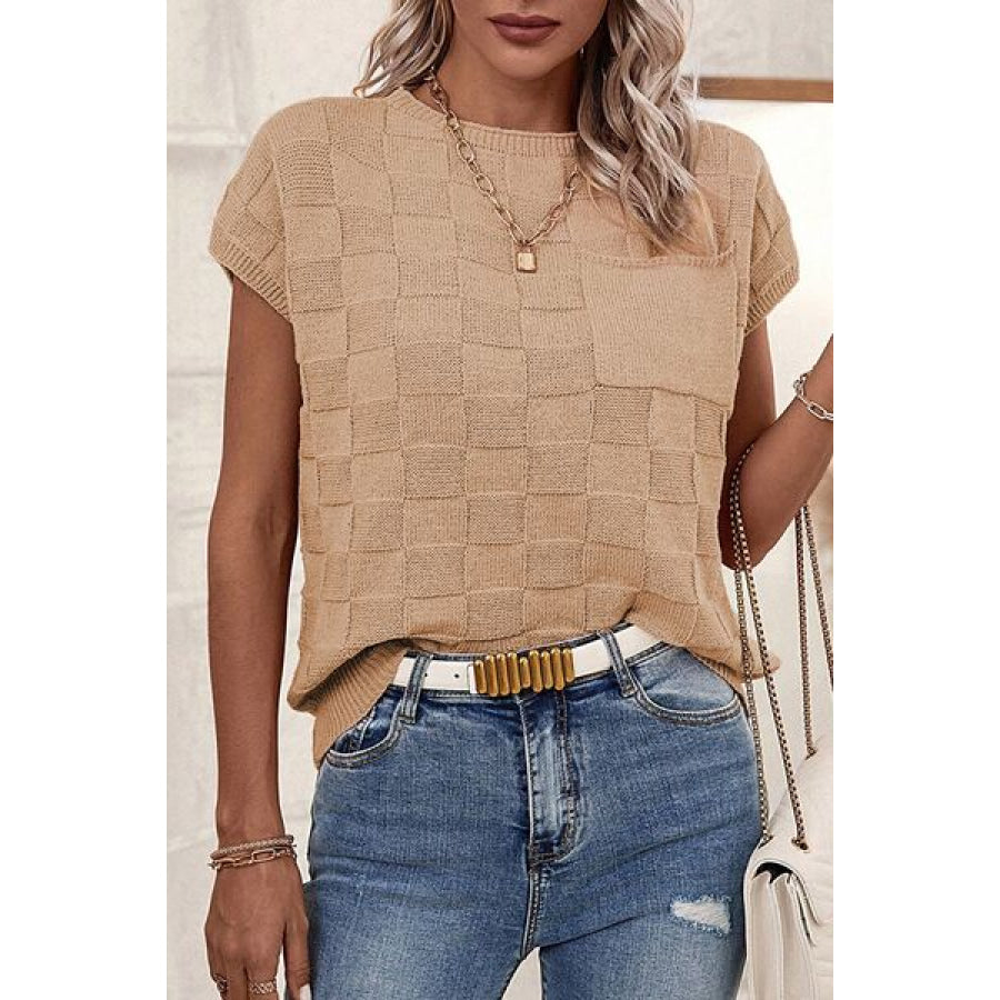 Pocketed Checkered Round Neck Knit Top Apparel and Accessories