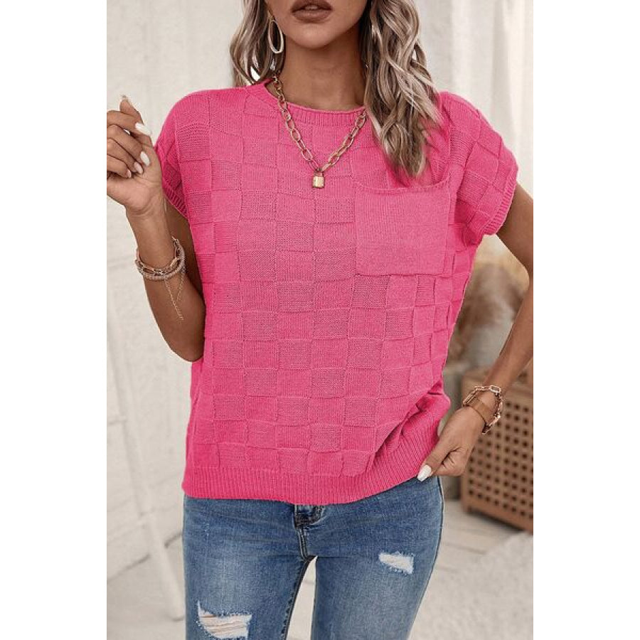 Pocketed Checkered Round Neck Knit Top Apparel and Accessories