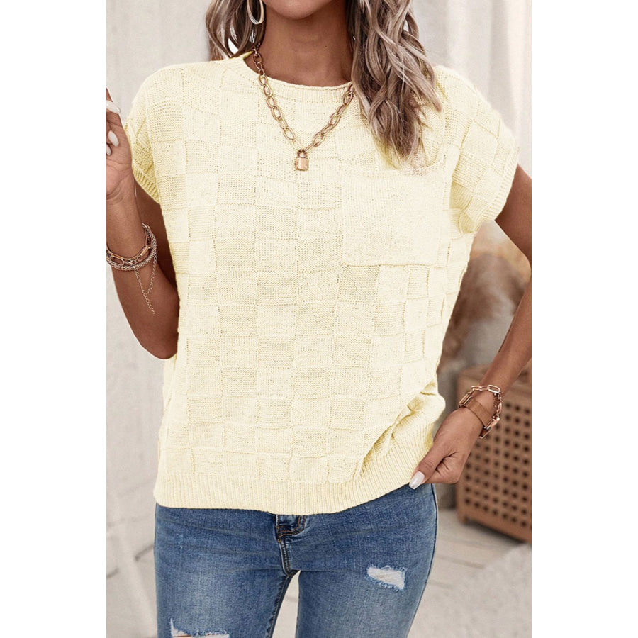Pocketed Checkered Round Neck Knit Top Apparel and Accessories