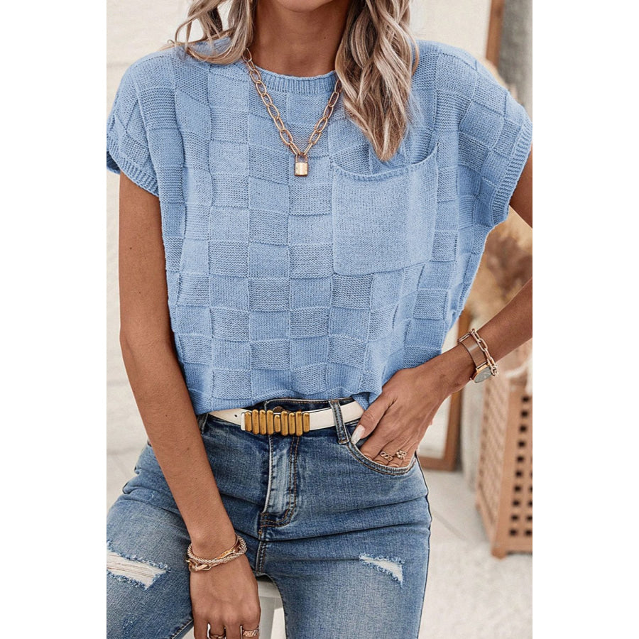 Pocketed Checkered Round Neck Knit Top Apparel and Accessories