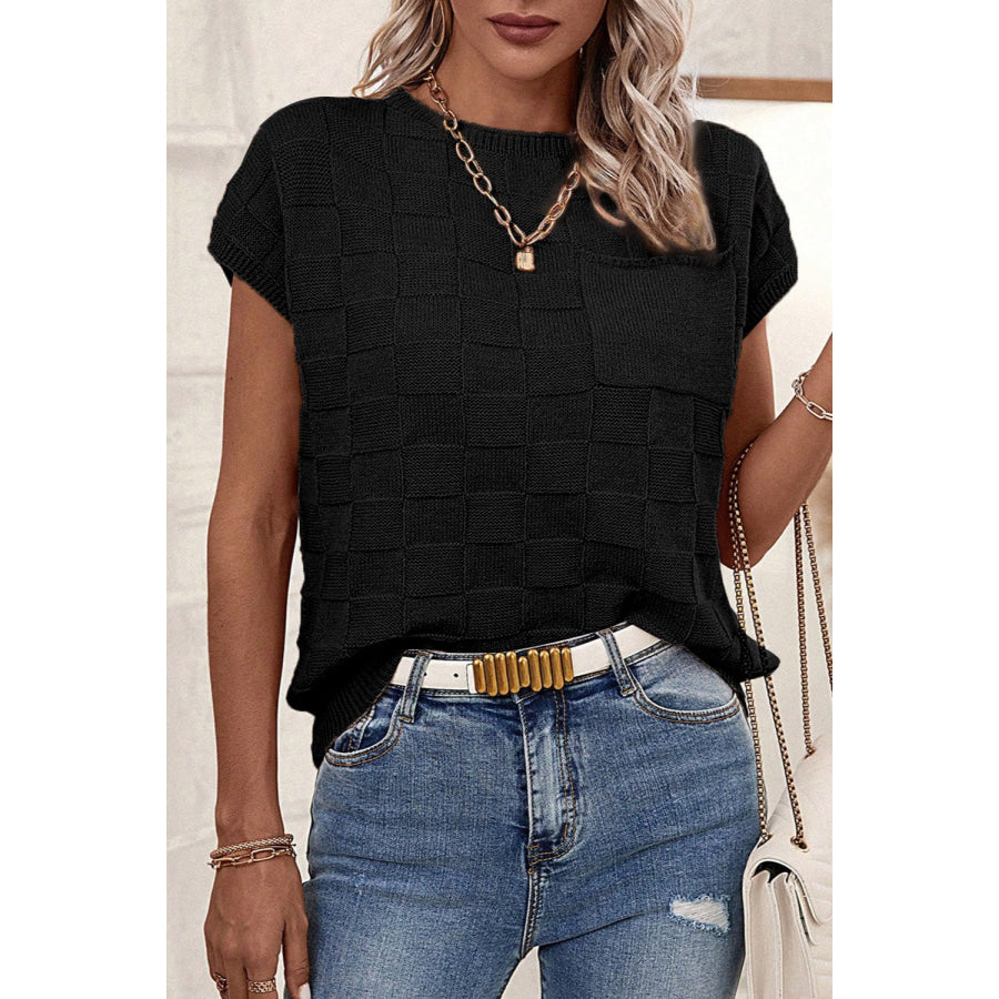 Pocketed Checkered Round Neck Knit Top Black / S Apparel and Accessories