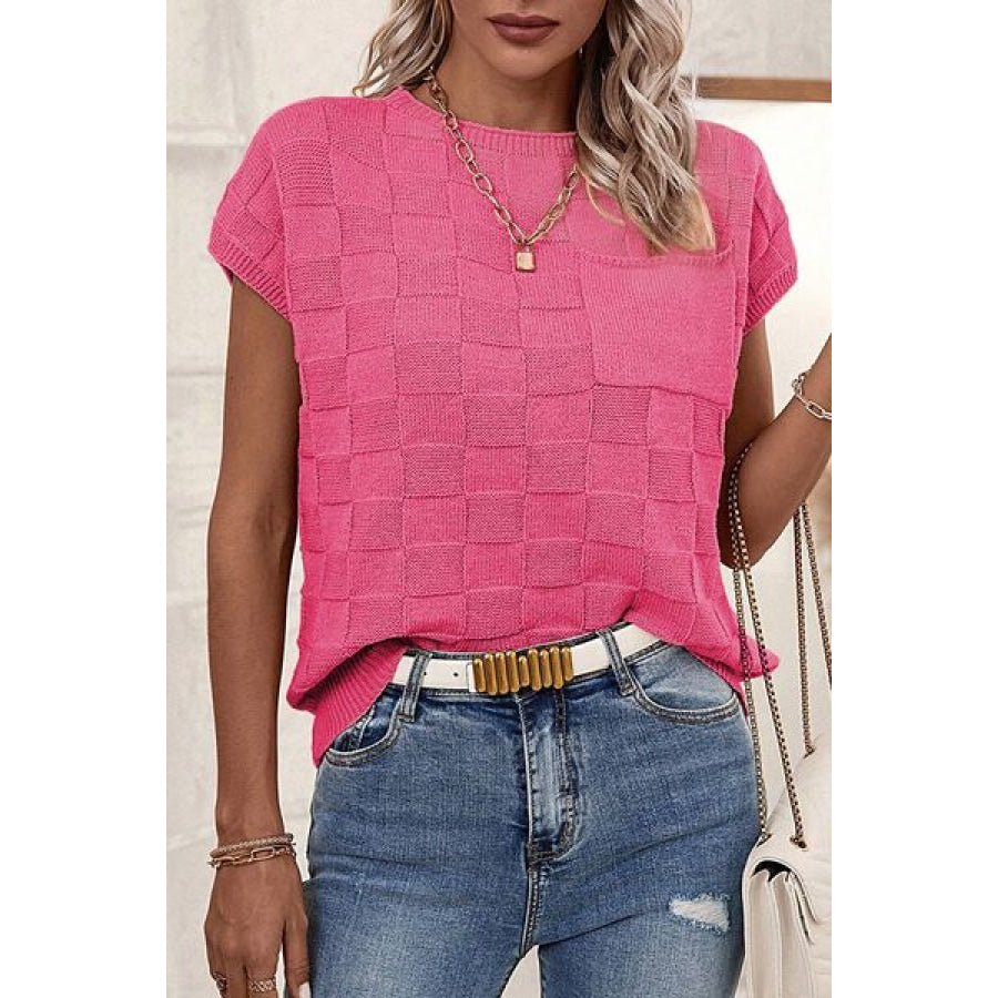 Pocketed Checkered Round Neck Knit Top Fuchsia Pink / S Apparel and Accessories