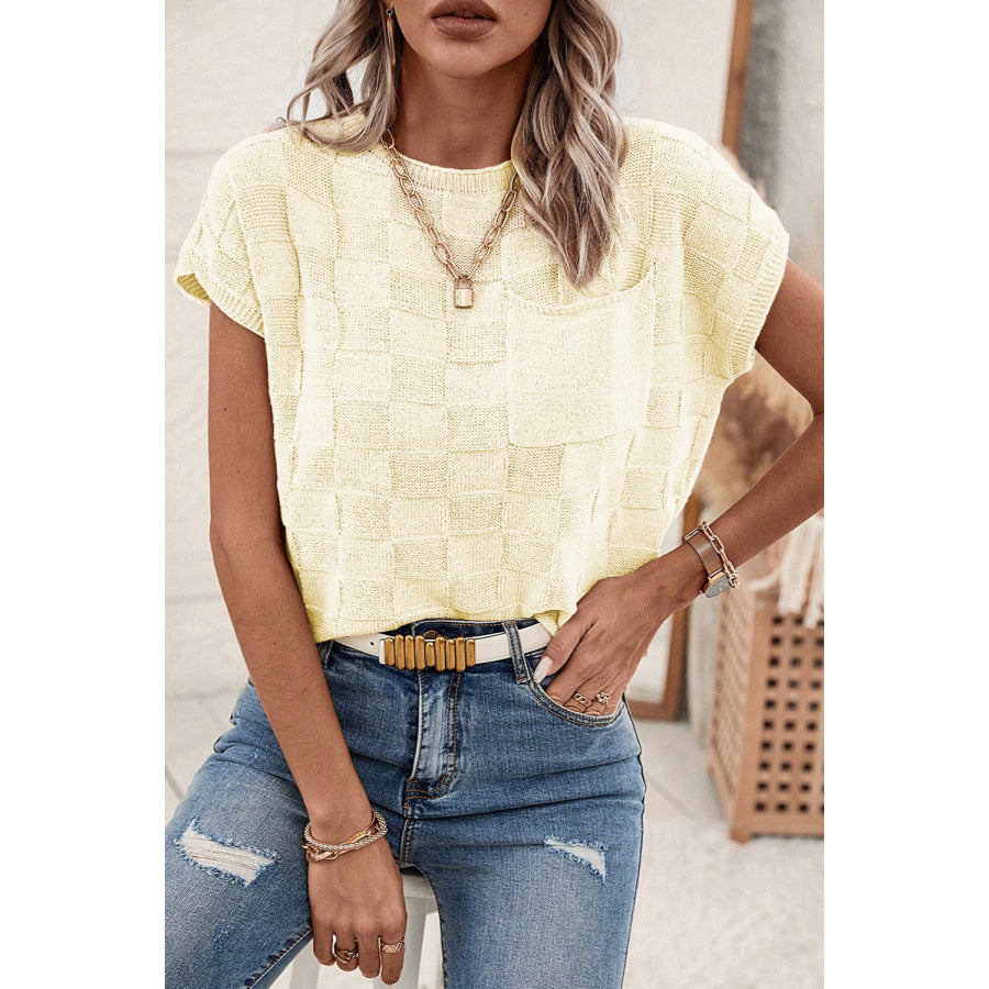 Pocketed Checkered Round Neck Knit Top Ivory / S Apparel and Accessories