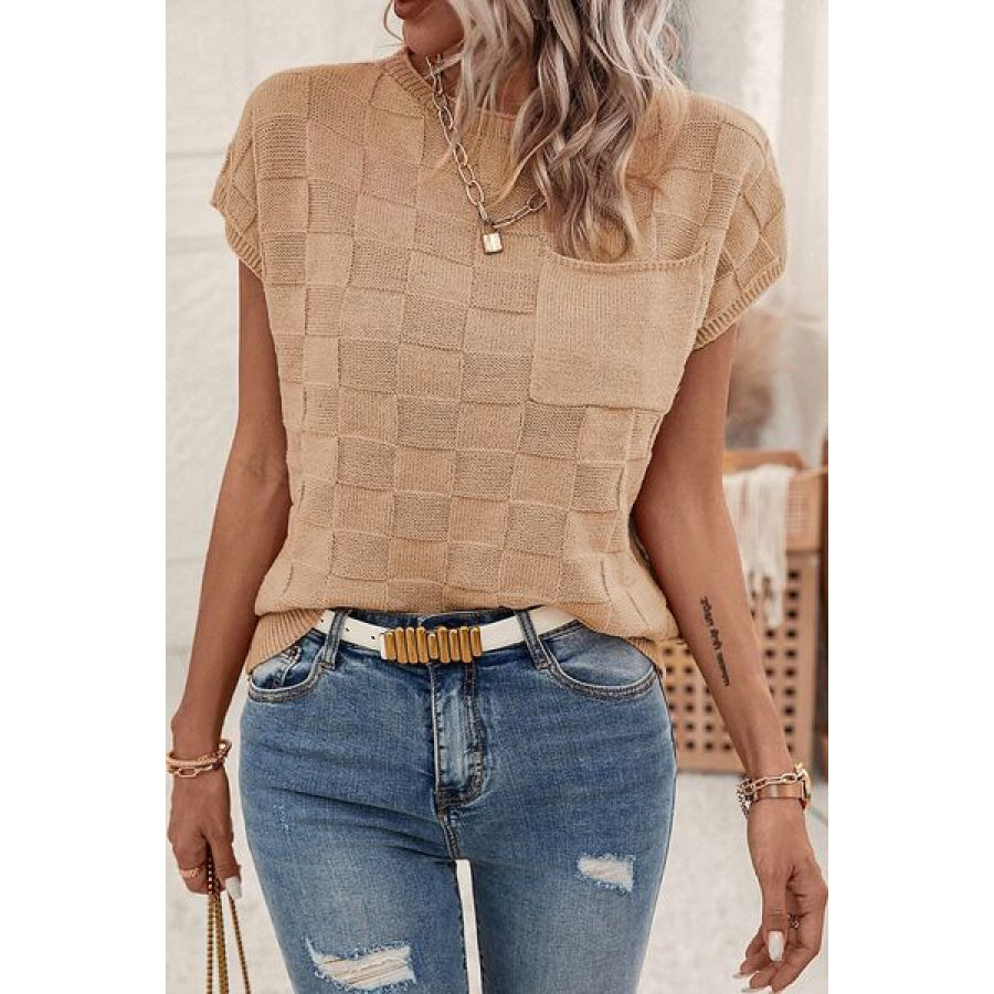 Pocketed Checkered Round Neck Knit Top Sand / S Apparel and Accessories