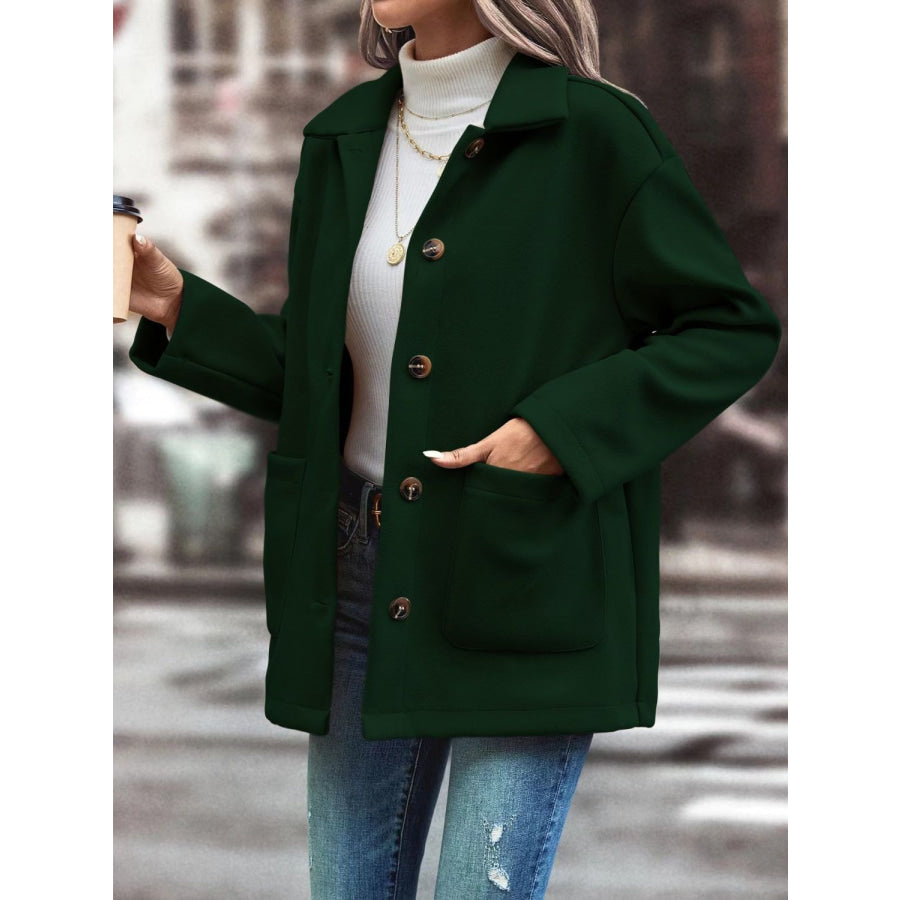 Pocketed Collared Neck Button Up Jacket Black Forest / S Apparel and Accessories
