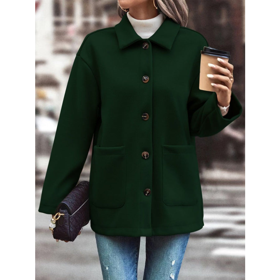 Pocketed Collared Neck Button Up Jacket Apparel and Accessories