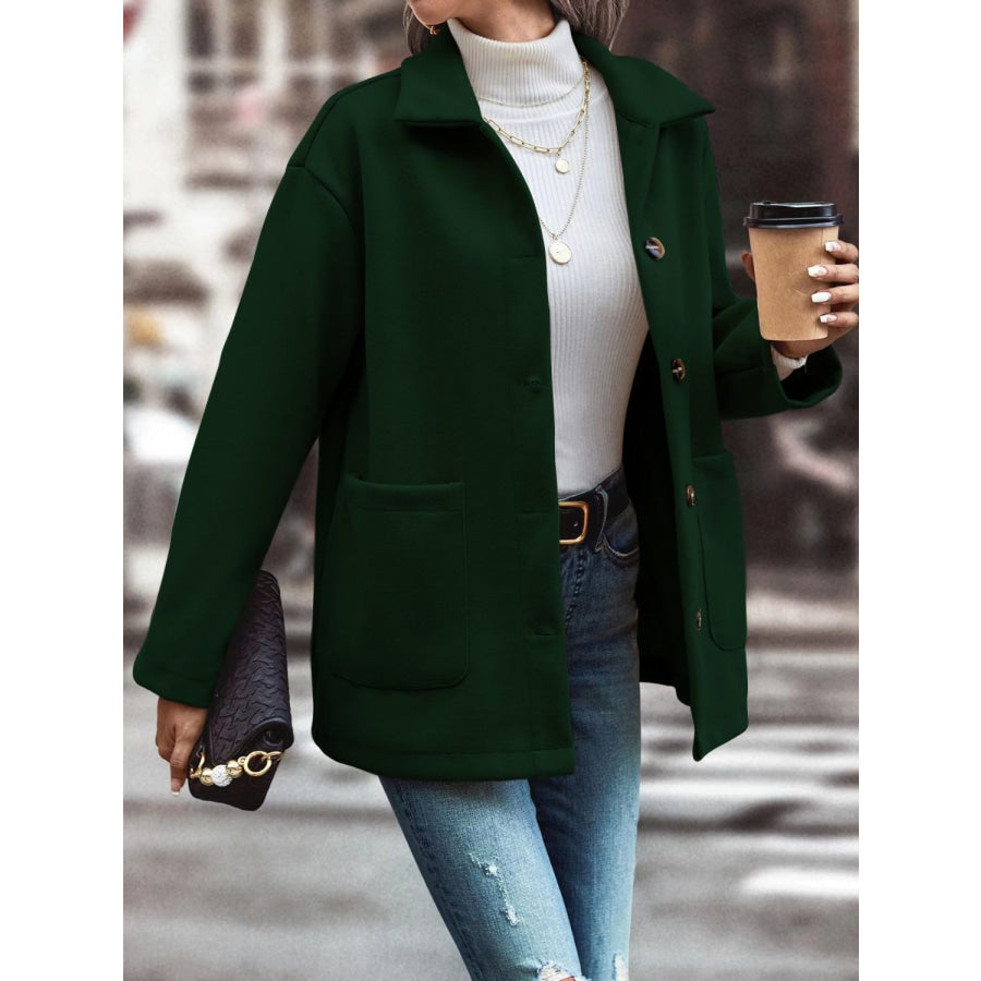 Pocketed Collared Neck Button Up Jacket Apparel and Accessories