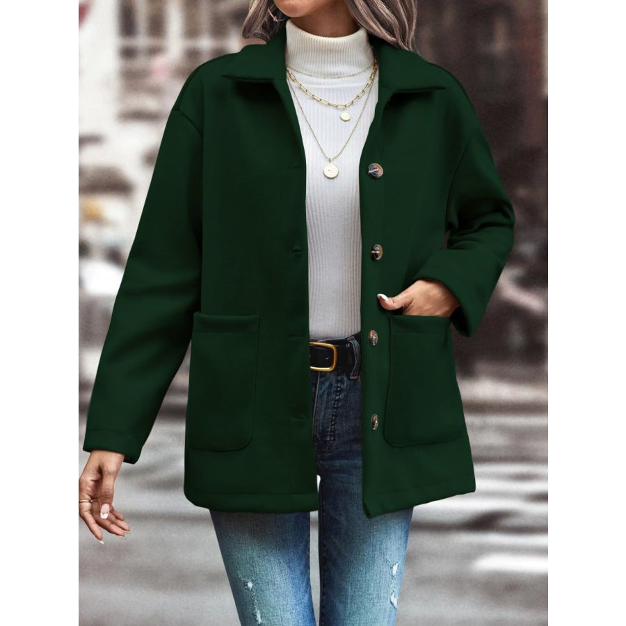 Pocketed Collared Neck Button Up Jacket Black Forest / S Apparel and Accessories
