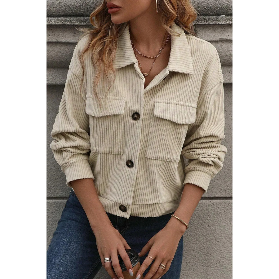 Pocketed Collared Neck Button Up Jacket Tan / S Apparel and Accessories