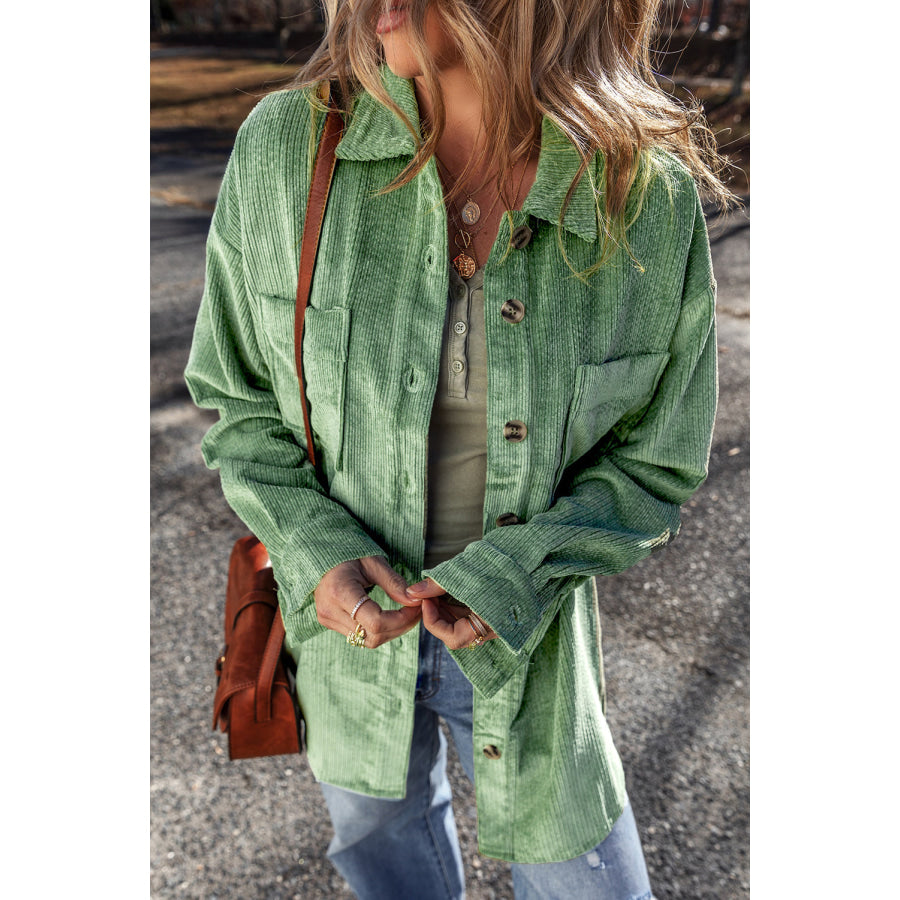 Pocketed Collared Neck Button Up Shacket Mist Green / S Apparel and Accessories