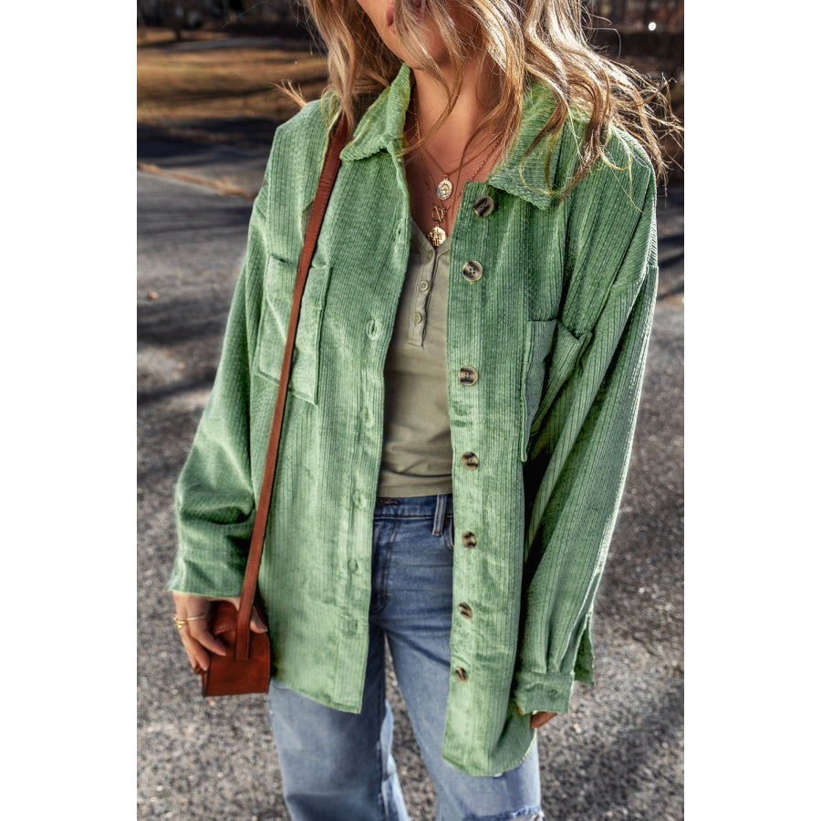 Pocketed Collared Neck Button Up Shacket Mist Green / S Apparel and Accessories