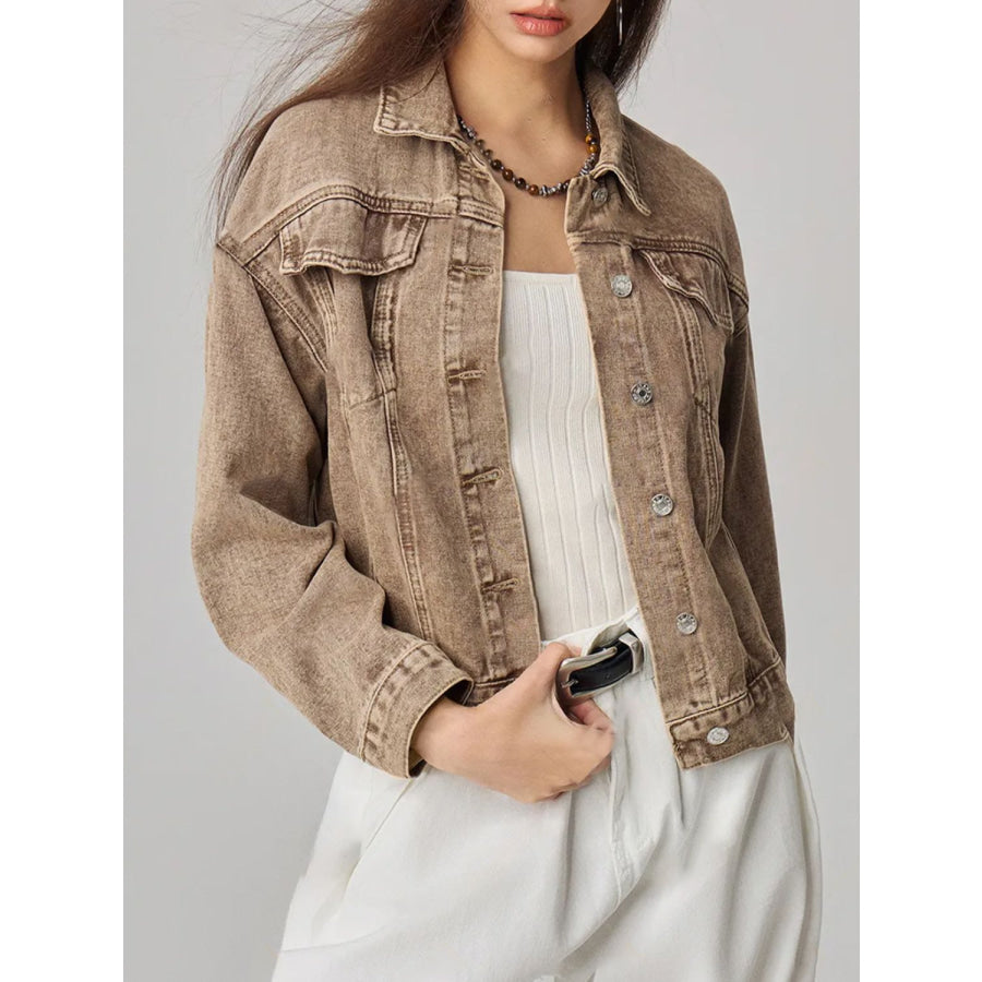 Pocketed Collared Neck Denim Jacket Apparel and Accessories