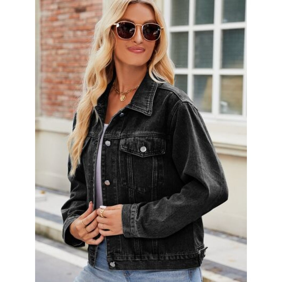 Pocketed Collared Neck Denim Jacket Clothing