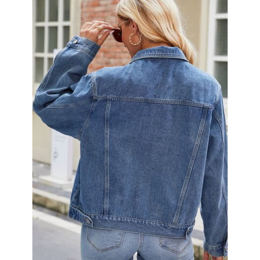 Pocketed Collared Neck Denim Jacket Clothing