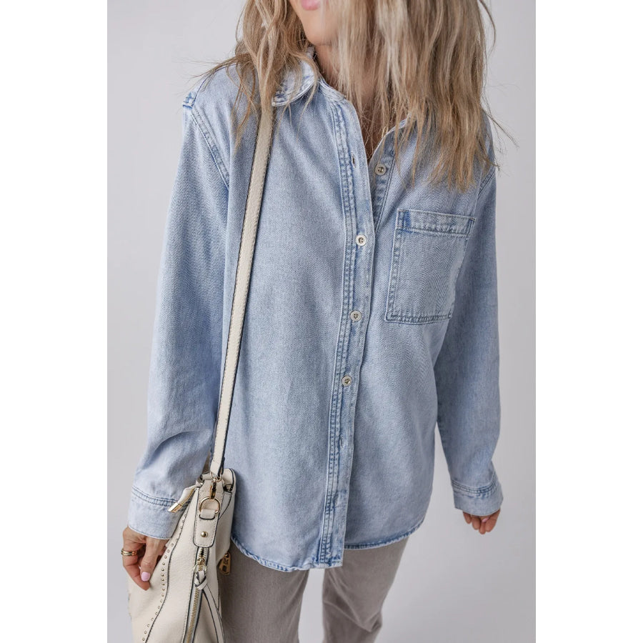 Pocketed Collared Neck Denim Top Apparel and Accessories