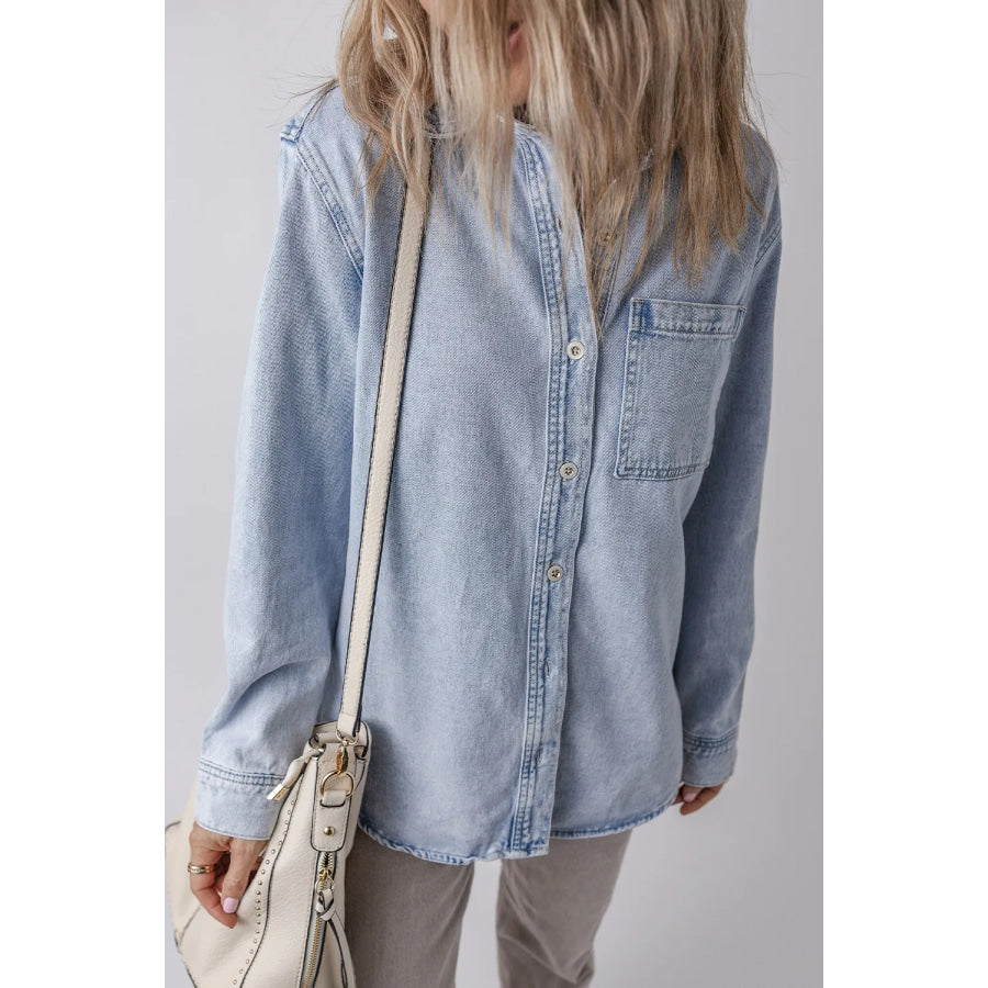 Pocketed Collared Neck Denim Top Apparel and Accessories