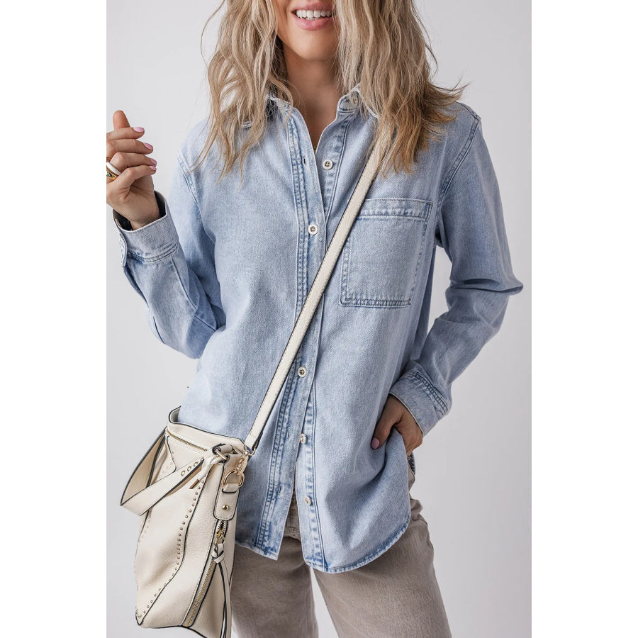 Pocketed Collared Neck Denim Top Apparel and Accessories