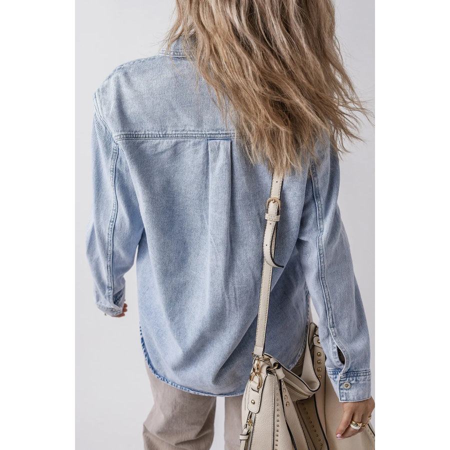 Pocketed Collared Neck Denim Top Apparel and Accessories