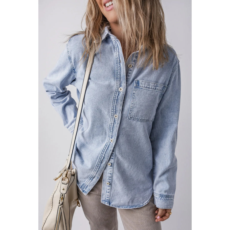 Pocketed Collared Neck Denim Top Apparel and Accessories