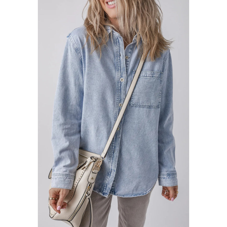 Pocketed Collared Neck Denim Top Light / S Apparel and Accessories