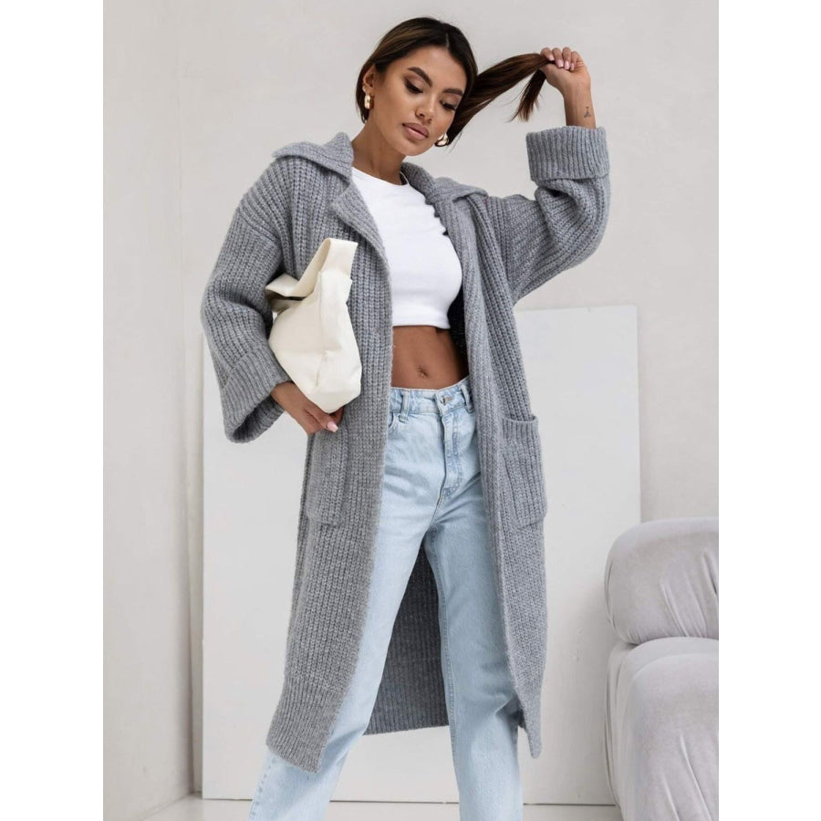 Pocketed Collared Neck Dropped Shoulder Cardigan Apparel and Accessories