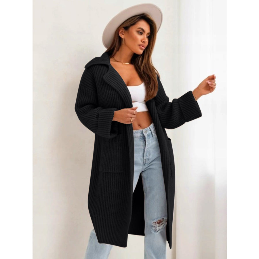 Pocketed Collared Neck Dropped Shoulder Cardigan Apparel and Accessories