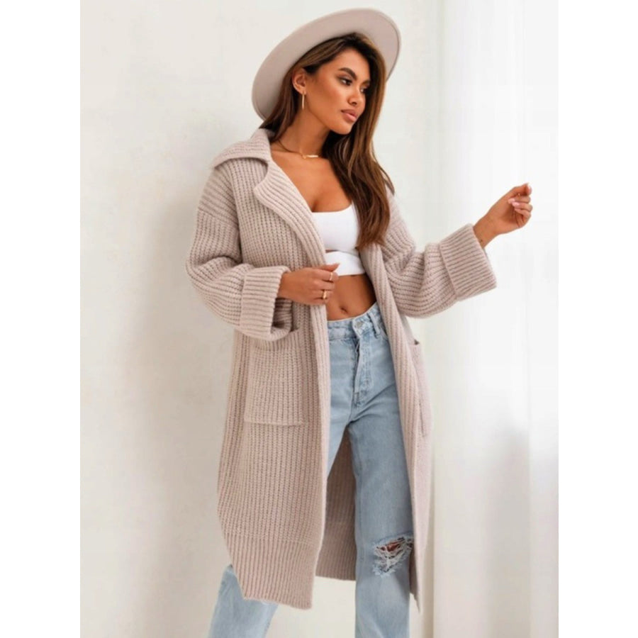 Pocketed Collared Neck Dropped Shoulder Cardigan Apparel and Accessories