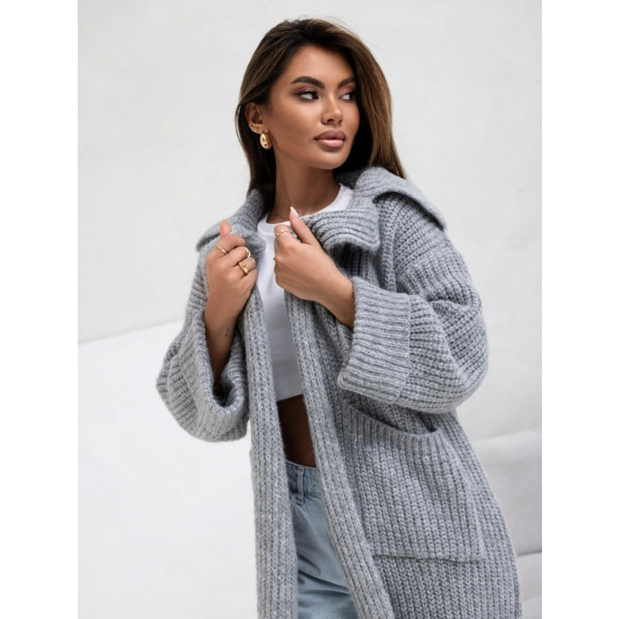 Pocketed Collared Neck Dropped Shoulder Cardigan Apparel and Accessories