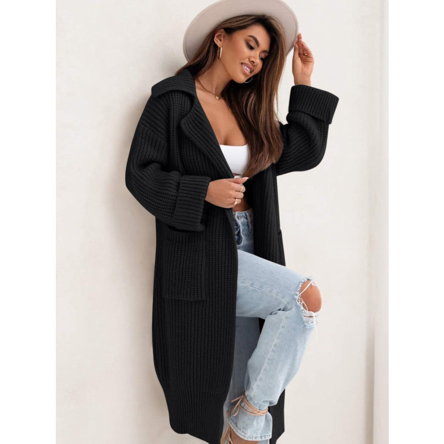 Pocketed Collared Neck Dropped Shoulder Cardigan Black / One Size Apparel and Accessories