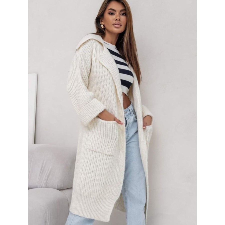 Pocketed Collared Neck Dropped Shoulder Cardigan Cream / One Size Apparel and Accessories