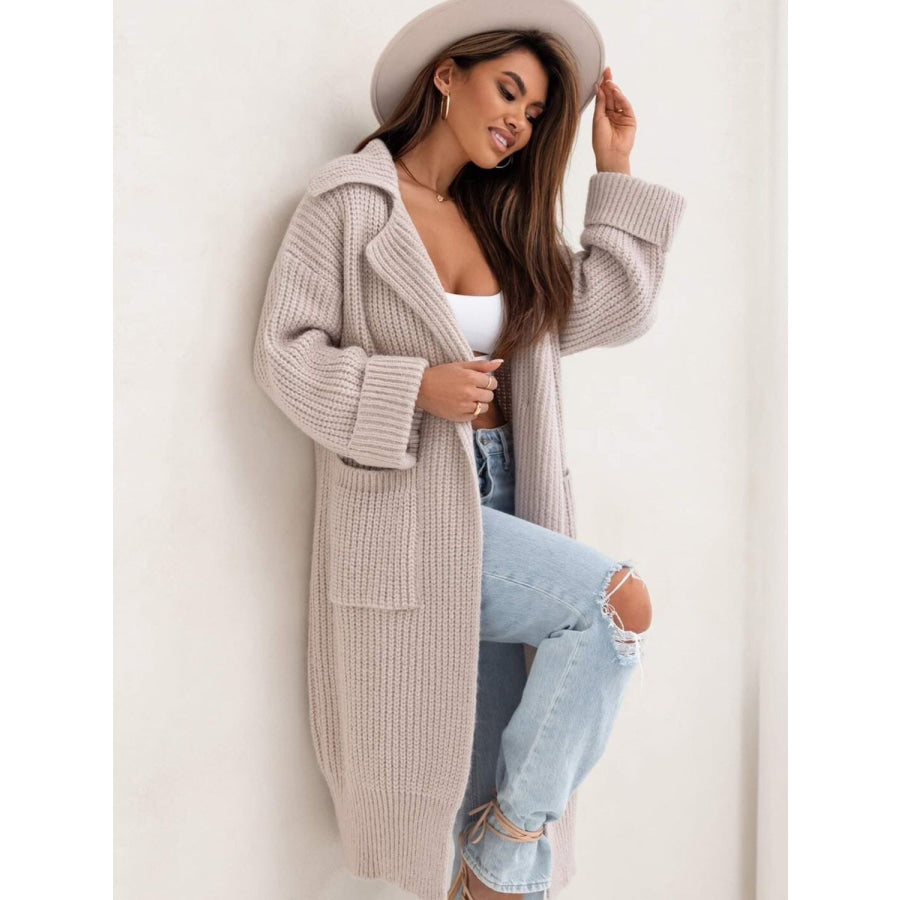 Pocketed Collared Neck Dropped Shoulder Cardigan Dust Storm / One Size Apparel and Accessories